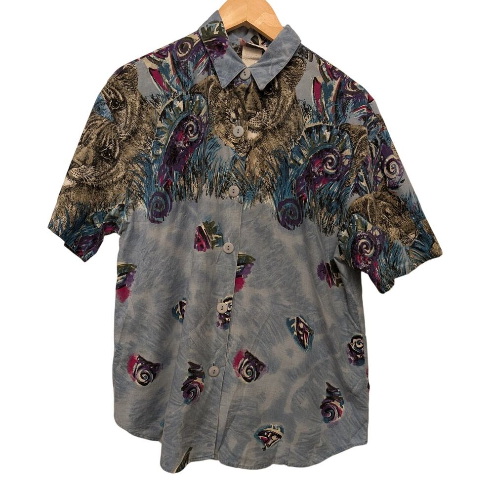 Vintage 80s Act III Lion Cub Graphic Button-Up Shirt Blue Multicolor‎ Animal